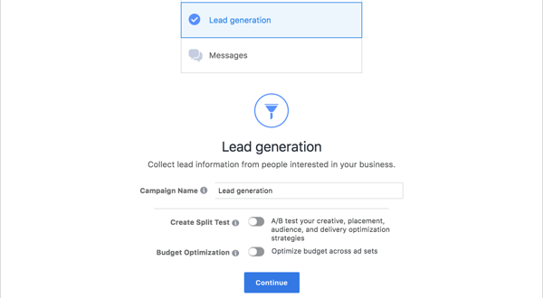 Facebook Lead Ads name your campaign