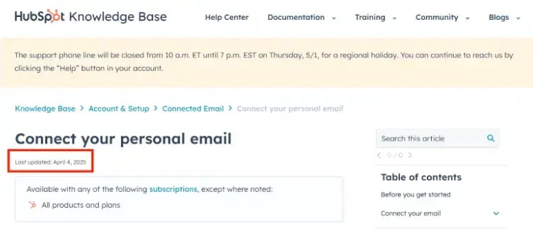 a recently updated help center article in HubSpot’s knowledge base