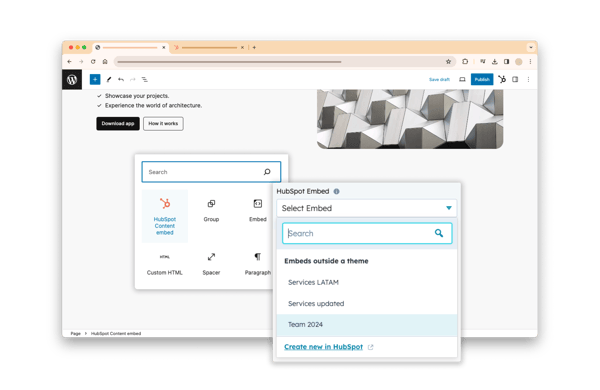 HubSpot content embed show ability to search embeddable content