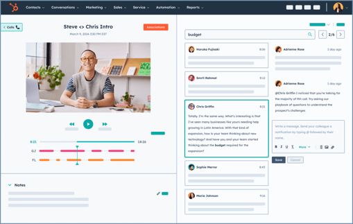 HubSpot UI showing conversation intelligence feature with insights extracted from a call