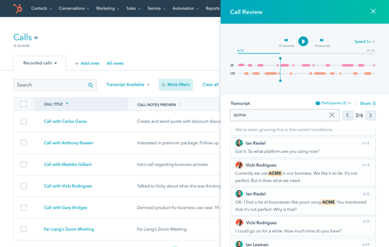 Simplified user interface in HubSpot reviewing a customer call