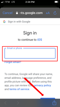 Add your email and password, then tap Next.