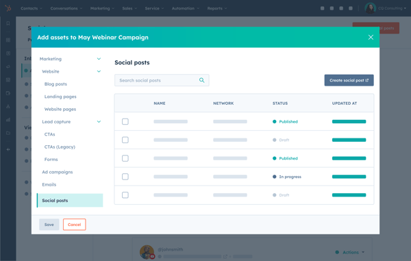 hubspot's social media management software user interface showing campaign social posts