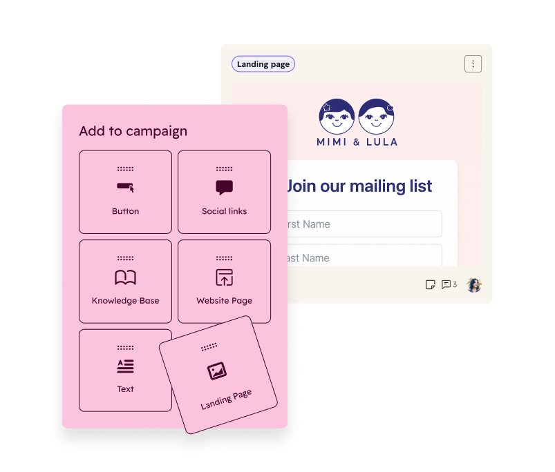 Shows a user adding a landing page to a HubSpot campaign. Other available assets to add to a campaign include CTA buttons, social links, knowledge base articles, website pages, text, and more.