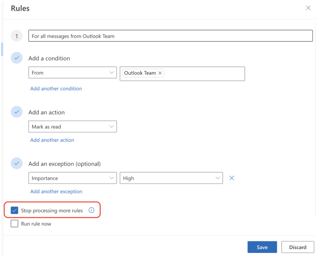 Outlook “Rules” menu with a highlight around “Stop processing more rules.”