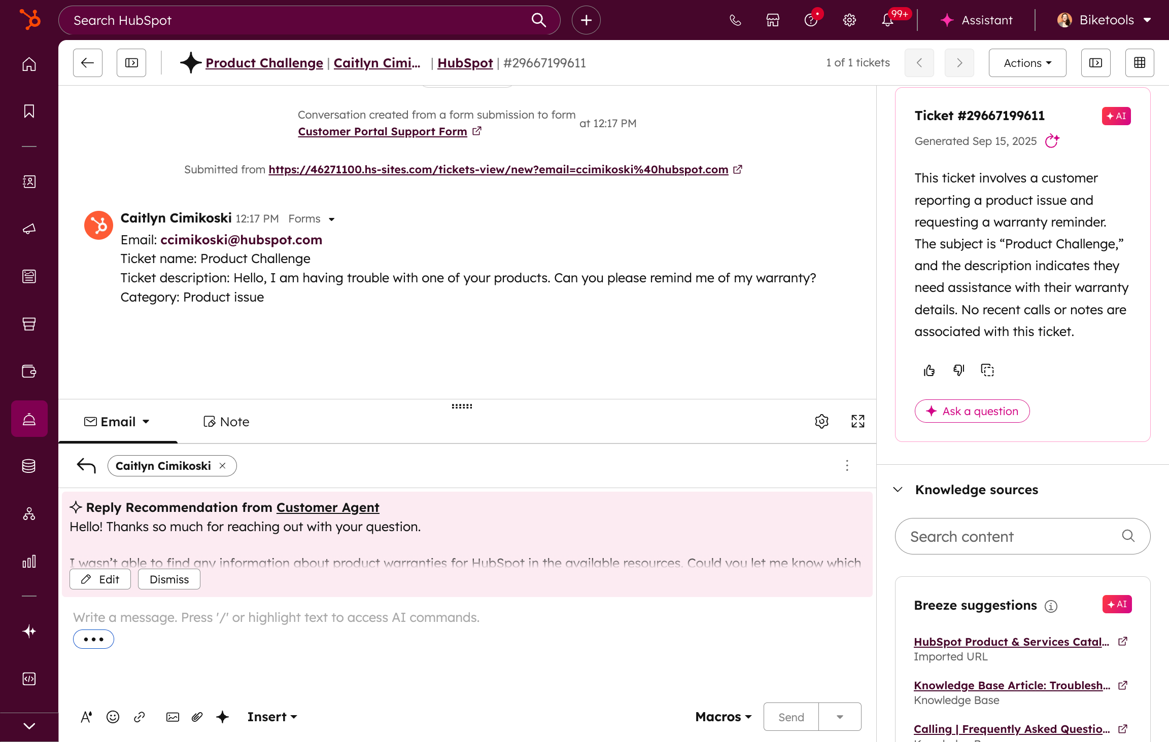 Service Hub Breeze Content Assistant reply recommendations