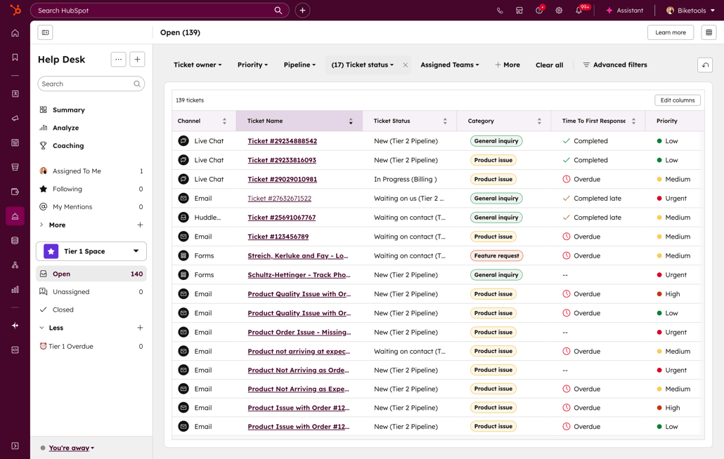 Service Hub help desk overview with list of open tickets.