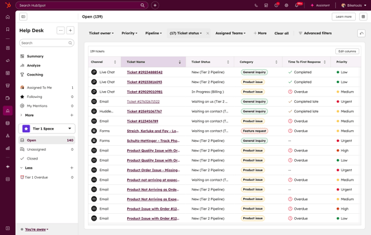 Service Hub help desk overview with list of open tickets.