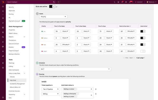 Service Hub SLA settings with goals, schedule, and pausing feature for SLA timers.