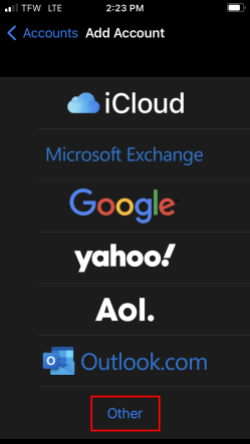 Tap Mail > Accounts > Add account > Other.