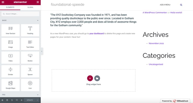 elementor wordpress: How to use Elementor for WordPress — The bottom of the Elementor page editor includes an empty section with the text _Drag widgets here_