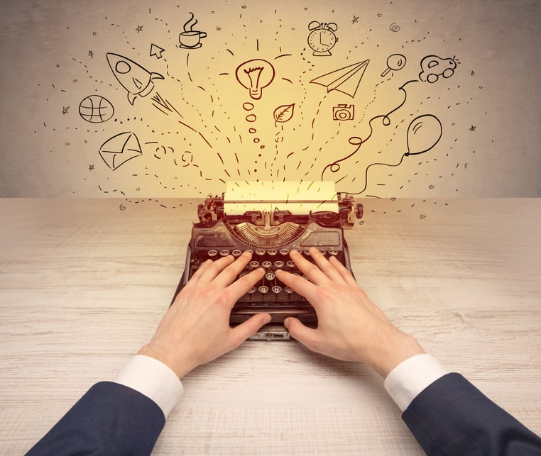 Typewriter with doodles, idea, message, plane, car balloon social media concept