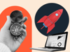 A compass and a rocket ship represent logistics and a laptop with graphs represent a CRM; logistics CRM
