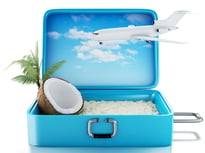 avion, noix de coco et plage dans une valise bleue