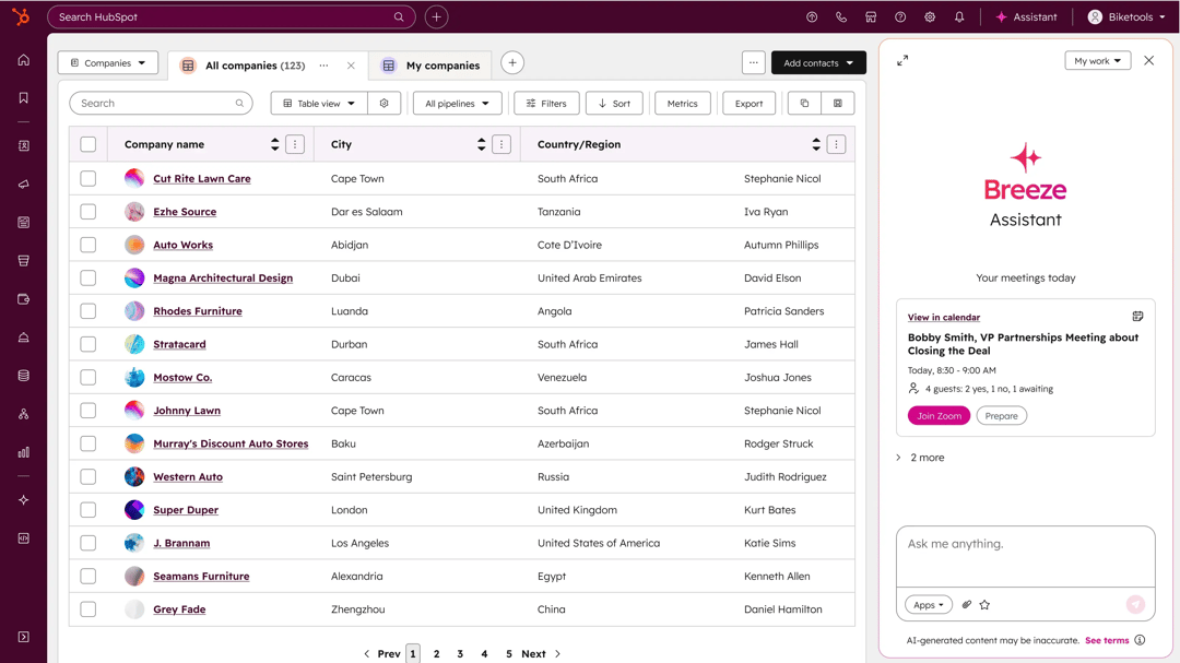 breeze user interface showing Breeze Assistant