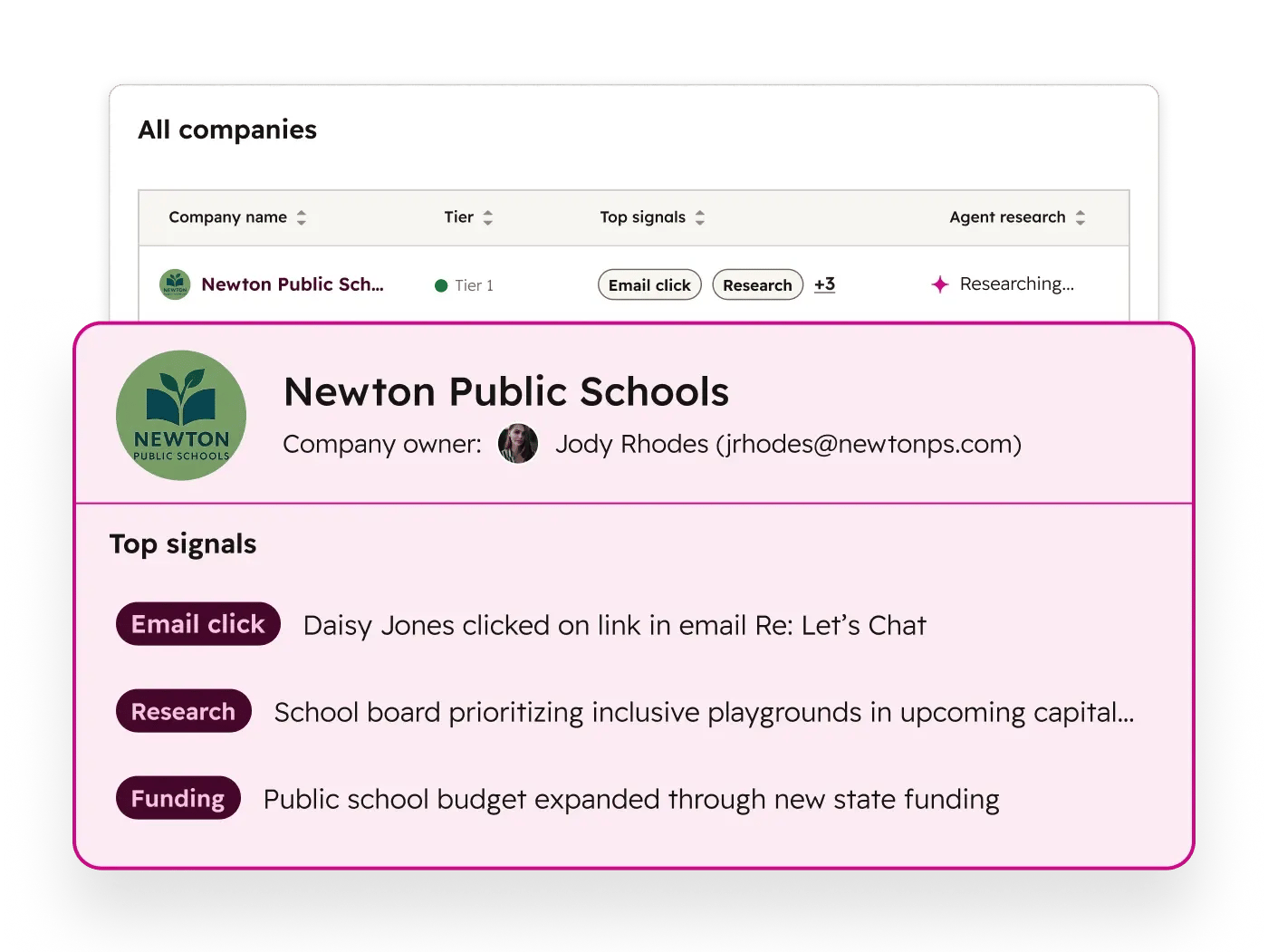 Breeze simplified user interface showing prospecting agent signals