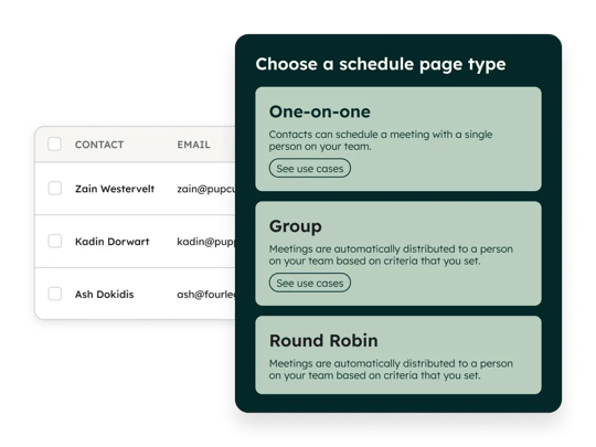 HubSpot meeting scheduler configuration showing contact list with Zain Westervelt, Kadin Dorwart, and Ash Dokidis, alongside schedule page type options including One-on-one meetings with single team members, Group meetings with automated distribution, and Round Robin scheduling with criteria-based assignment
