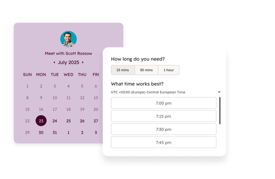 HubSpot meeting booking page for Scott Rossow showing July 2025 calendar with date 23 selected, duration options of 15 minutes, 30 minutes, or 1 hour, and available time slots from 7:00 pm to 7:45 pm in Central European Time