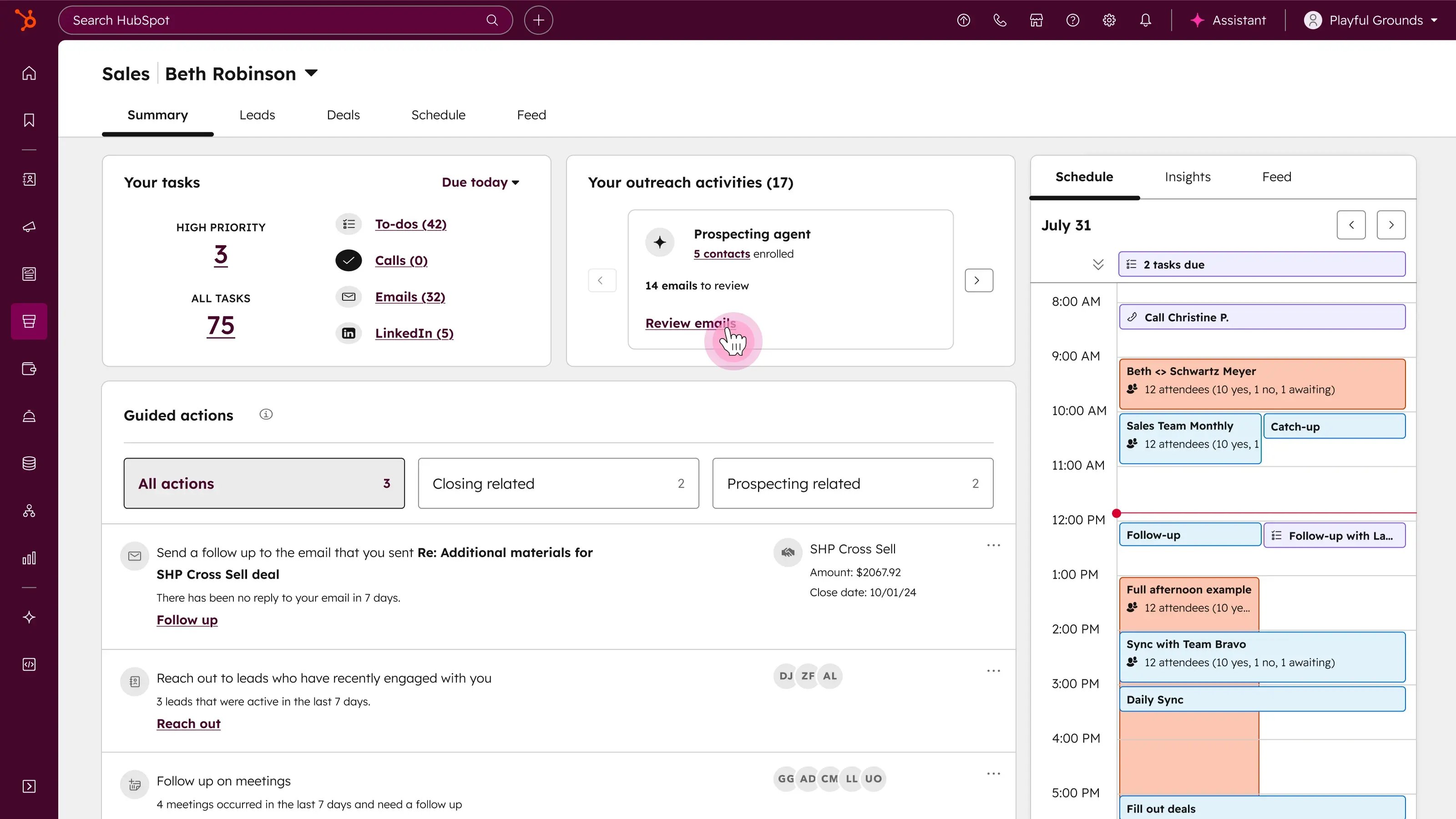 Prospecting Workspace screenshot with sales contact, tasks, outreach activities, guided actions, and schedule