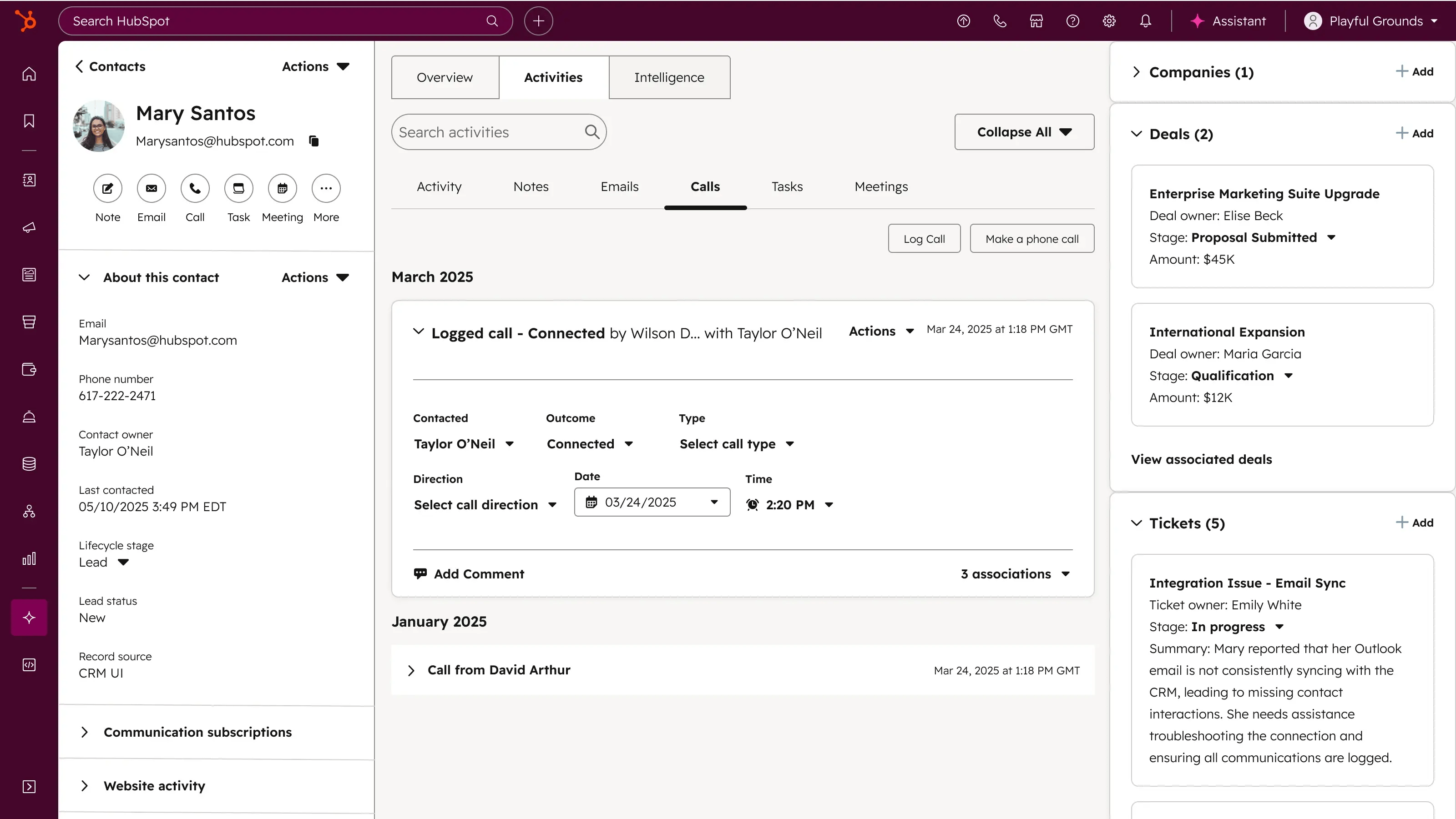 Service Hub - Help Desk screenshot showing a contact, activities, calls, company, deals, and tickets.