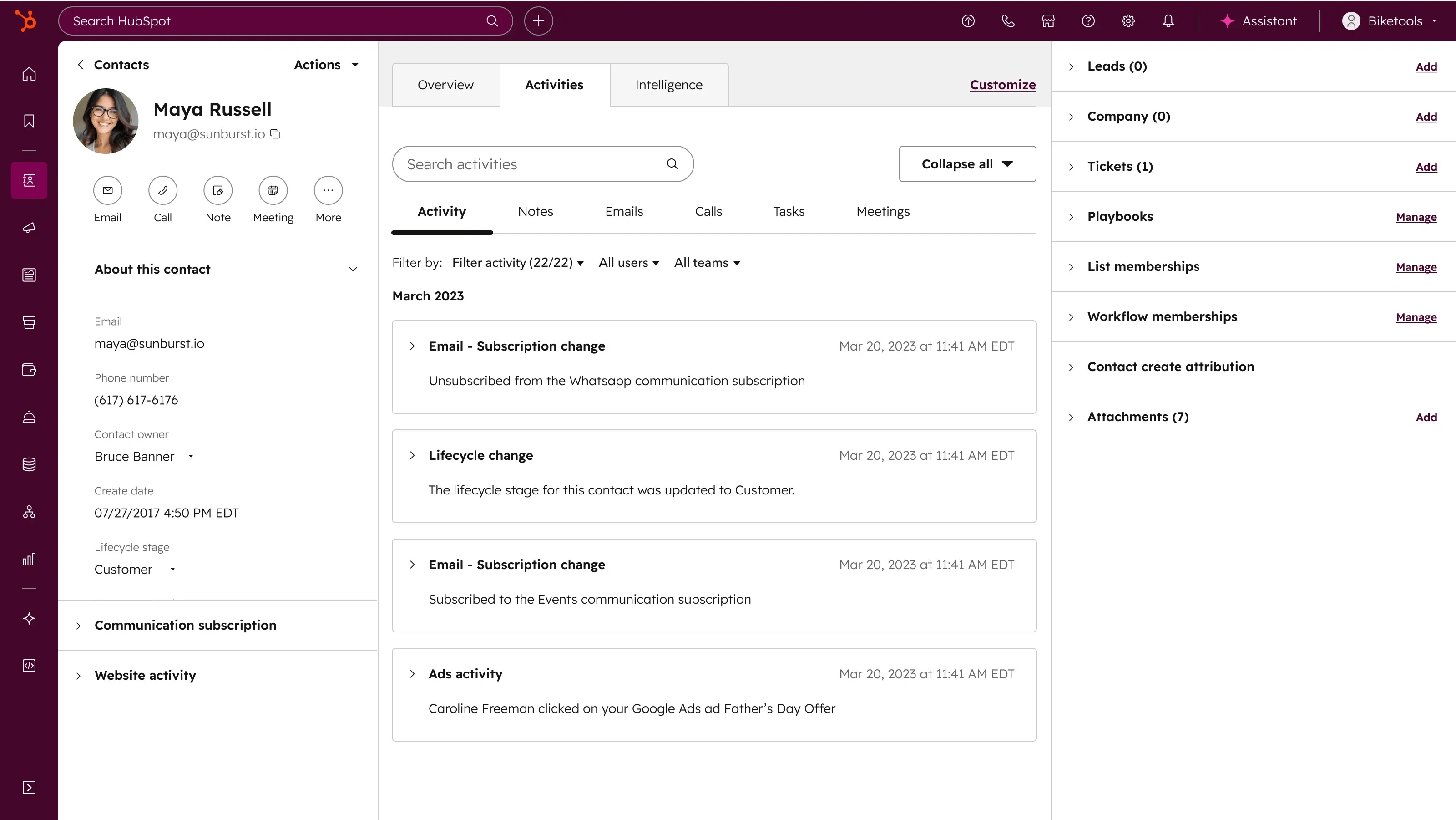 Example of a contact record in Smart CRM and the various information available and actions a user can take