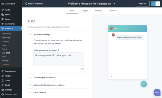 Screenshot showing how to configure HubSpot live chat in the WordPress UI