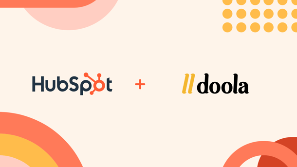 HubSpot company logo, orange plus sign, doola company logo on a pale orange background with orange and yellow geometric designs on all corners of the image