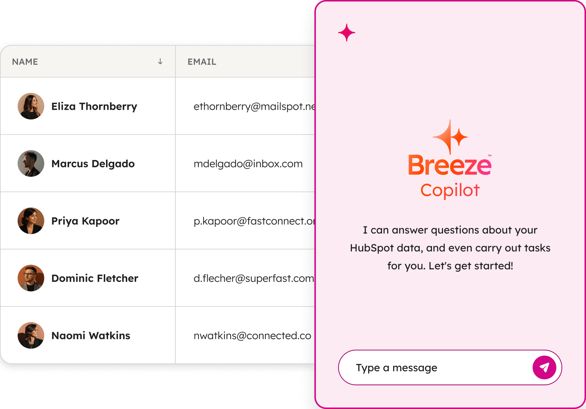 A visual showing a list of contacts and their emails in the HubSpot CRM, with Breeze Copilot overlayed with the prompt, 