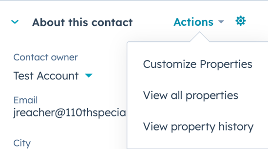 a screenshot showing a menu of options within the left sidebar of a contact in HubSpot