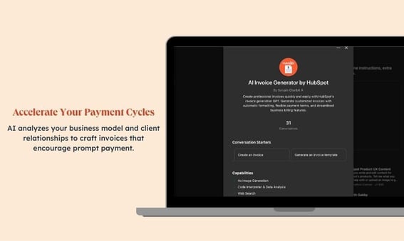 Screenshot of the Invoice Generator GPT with the heading accelerate your payment cycles