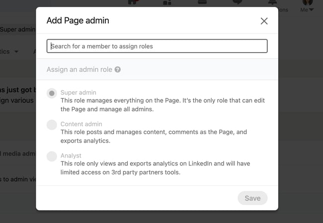 Práticas recomendadas da página do LinkedIn: adicionar administrador da página com permissões