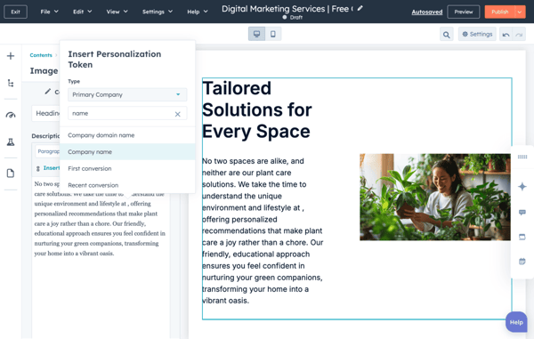 adding personalization tokens to plant landing page