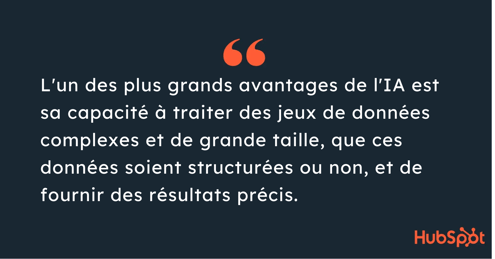 Citation de l'article indiquant que l'un des plus grands avantages de l'intelligence artificielle est sa capacité à traiter des jeux de données complexes et de grande taille