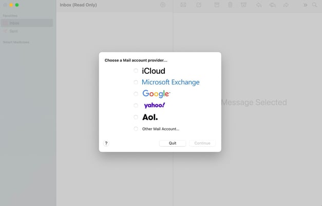 Where to select your email address provider when adding an email account to Mac. 