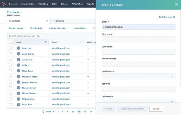 HubSpot contact management software showing contact creation