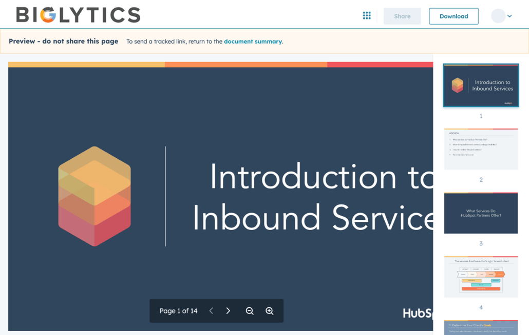 HubSpot document tracking showing the document preview interface