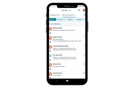 view of HubSpot Service platform through a mobile device