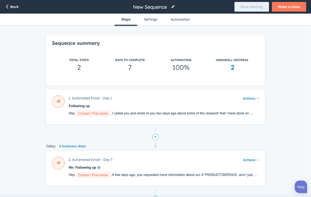 HubSpot sales automation tools showing the sequences interface