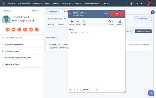 HubSpot call tracking software interface showing call in progress with notes field