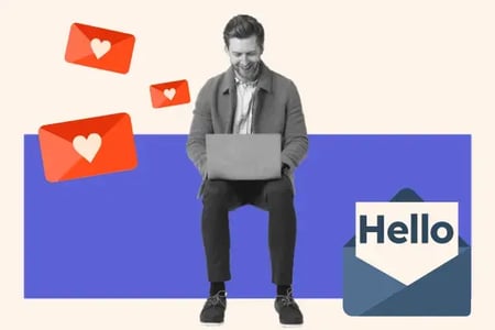 A man sits at his laptop. Envelope icons surround him.