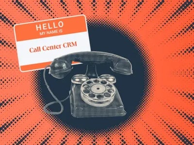 a hubspot featured image of halftone blue and white telephone, next to a nametag that says hello my name is call center crm