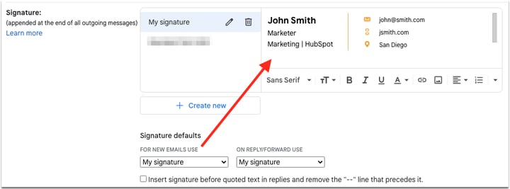 Changes in the email signature section of Gmail