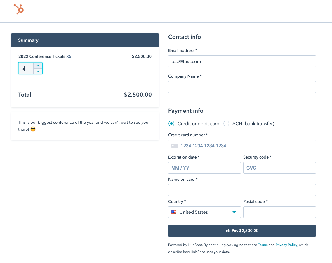 Capture d'écran d'une page de paiement avec des quantités personnalisées
