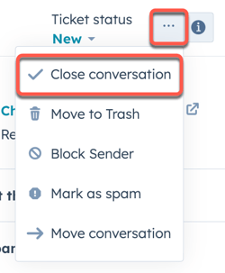 A menu is open in the conversations inbox. "close conversation" is highlighted with an orange border. Move to trash, block sender, mark as spam are also present.