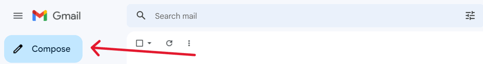 How to hyperlink in Gmail — Screenshot showing an arrow pointing to the “Compose” button.