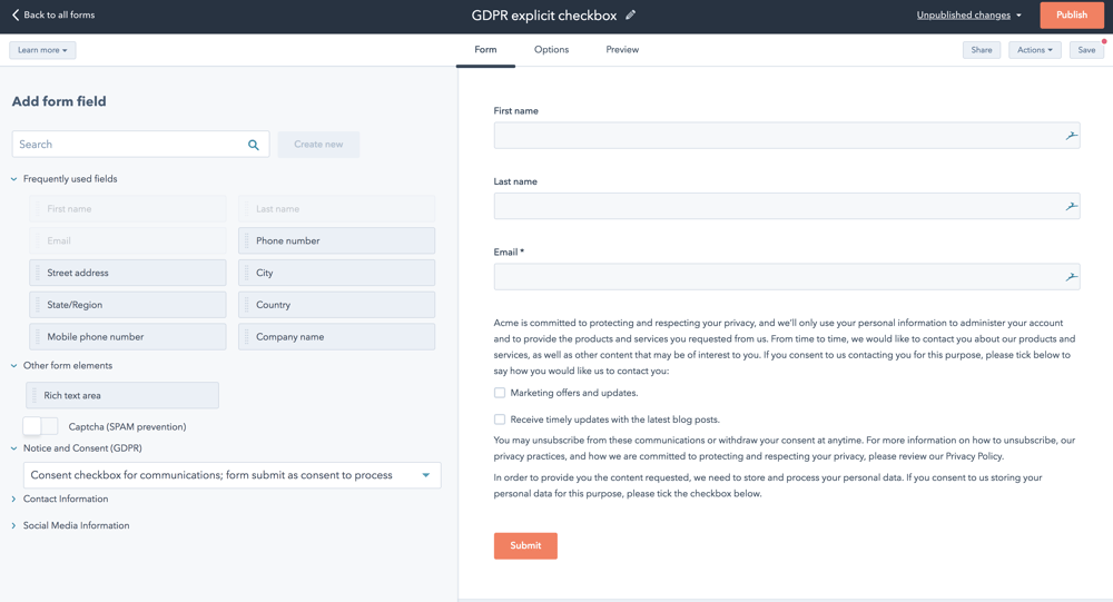consent checkbox for communications, form submit as consent to process