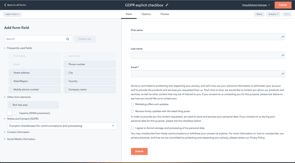 consent checkboxes for communicating and processing