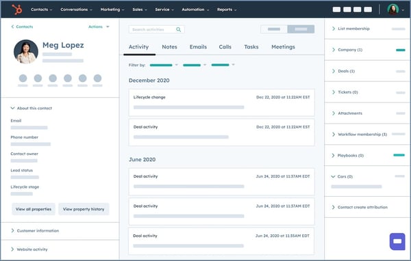 sales hub user interface showing contact record with all communication including emails sent and received