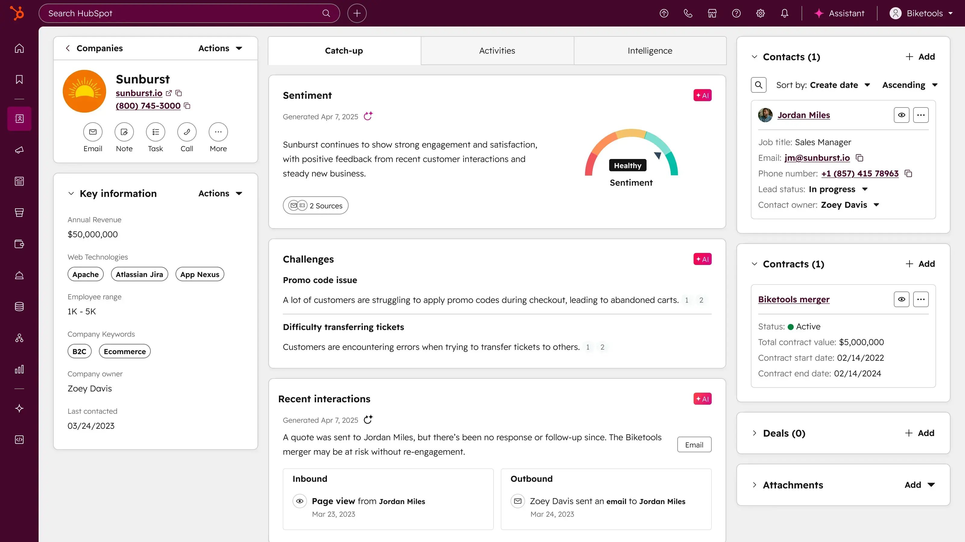 Example of a contact record in Smart CRM and the various information available and actions a user can take