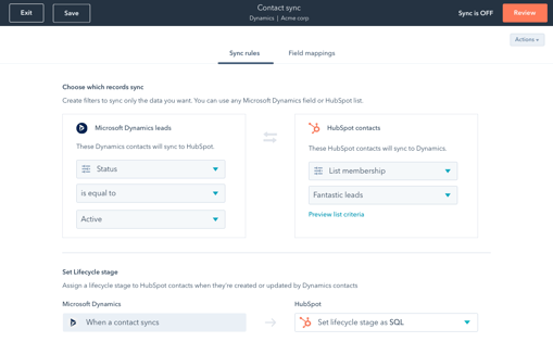 Contact sync feature showing ability to set up sync rules